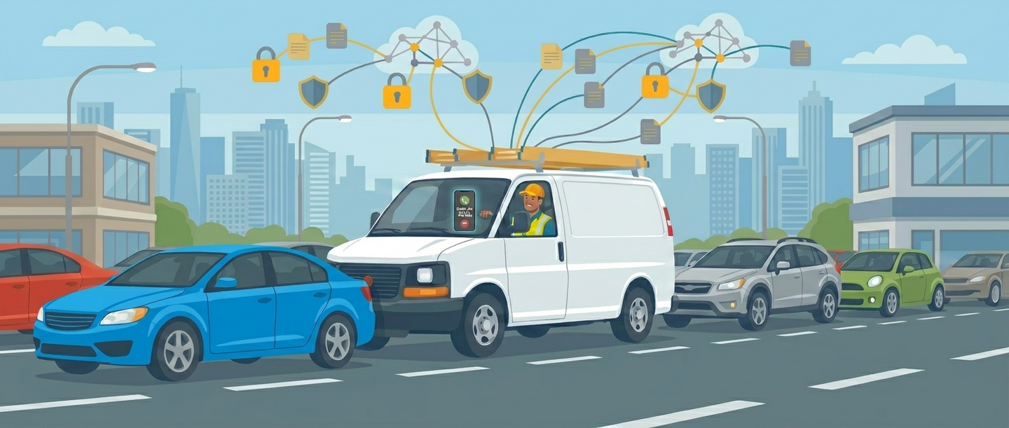 Service technician's van stopped at a busy urban intersection, customer call alert on the dashboard, networking icons floating overhead representing customer sites awaiting remote access