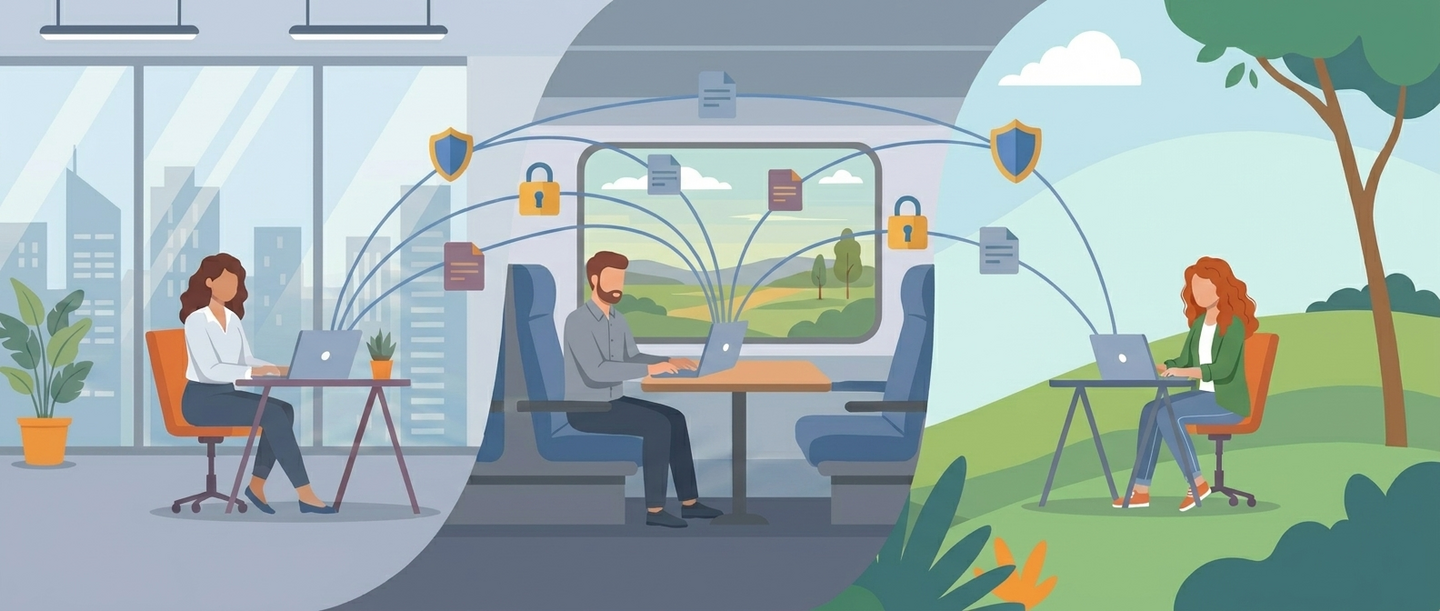 Connected devices across office, train, and park. A private network that follows you.