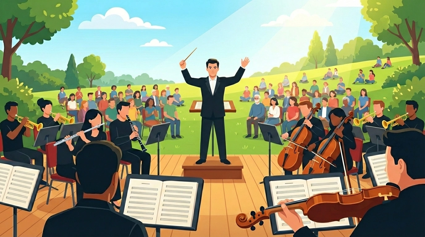 Orchestra conductor directing musicians, representing Netrinos orchestrating networking tools