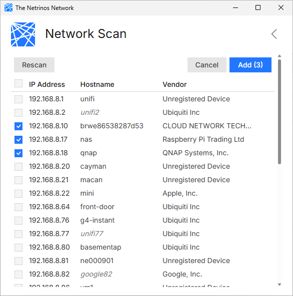 Network Scan showing discovered devices