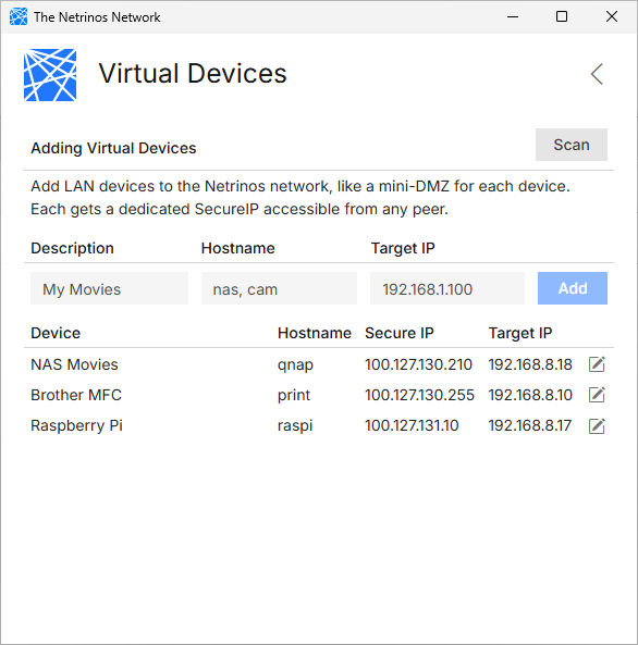 Virtual Devices panel showing NAS, printer, and Raspberry Pi