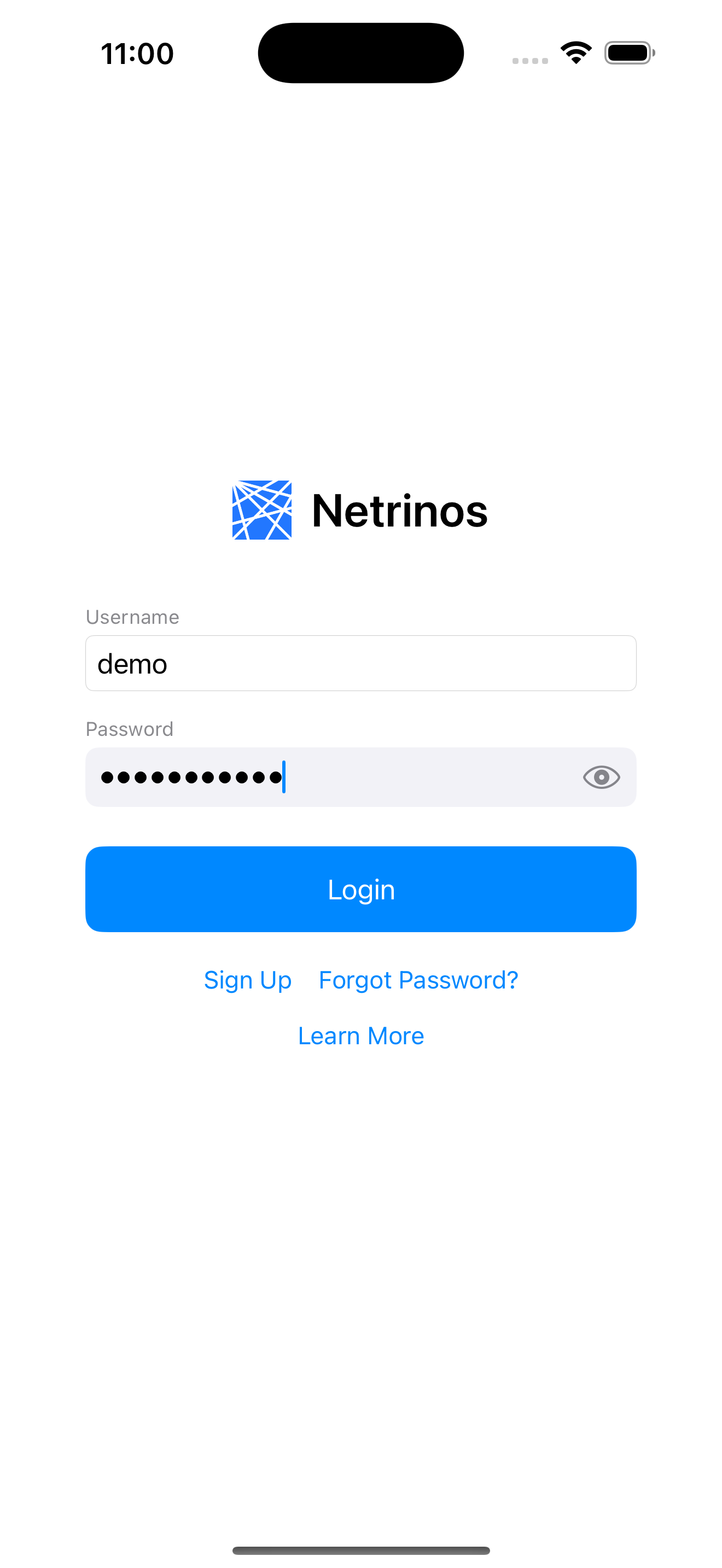 Netrinos mobile login screen