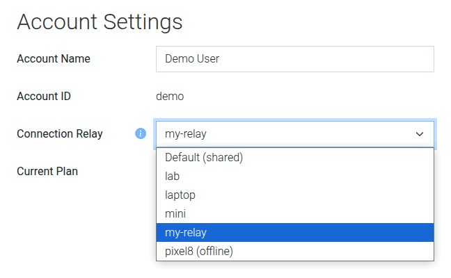 Account Settings showing Connection Relay dropdown