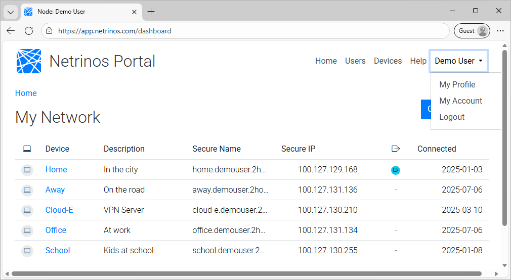 Account menu dropdown