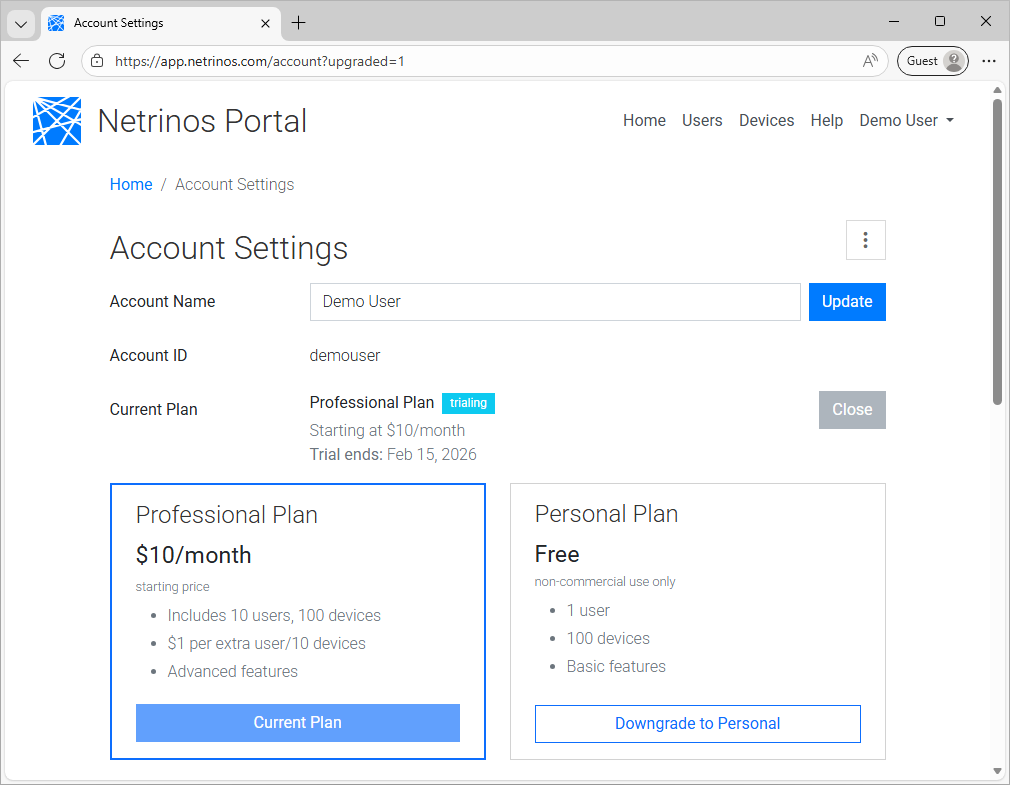 Downgrade option on account page