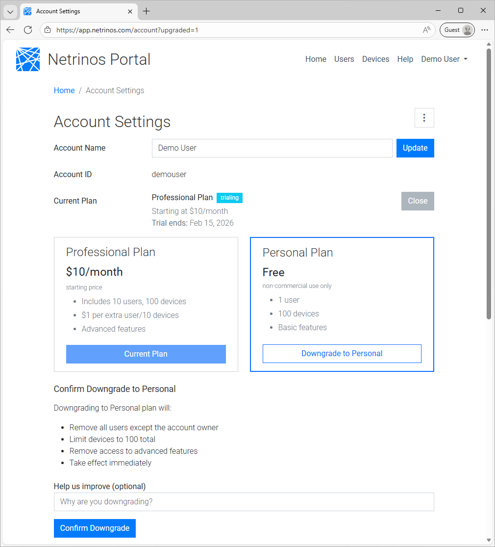Downgrade confirmation dialog