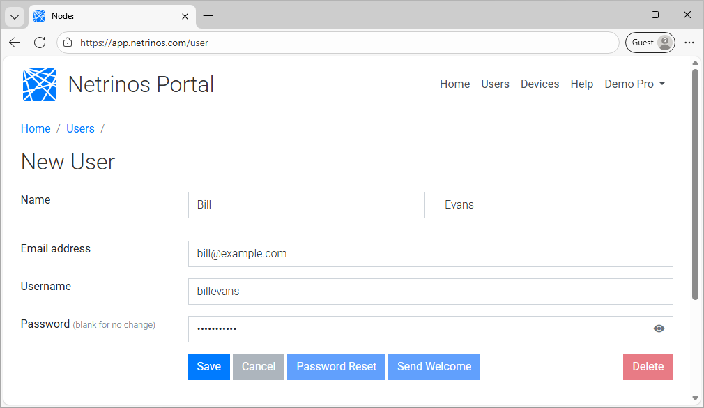 User page in Netrinos Portal