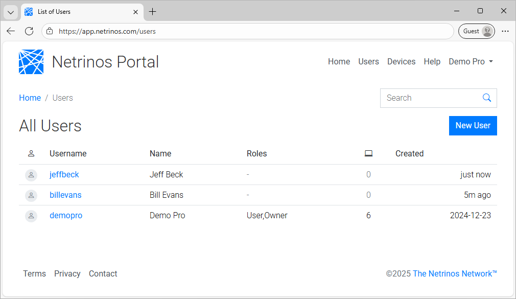Users page in Netrinos Portal