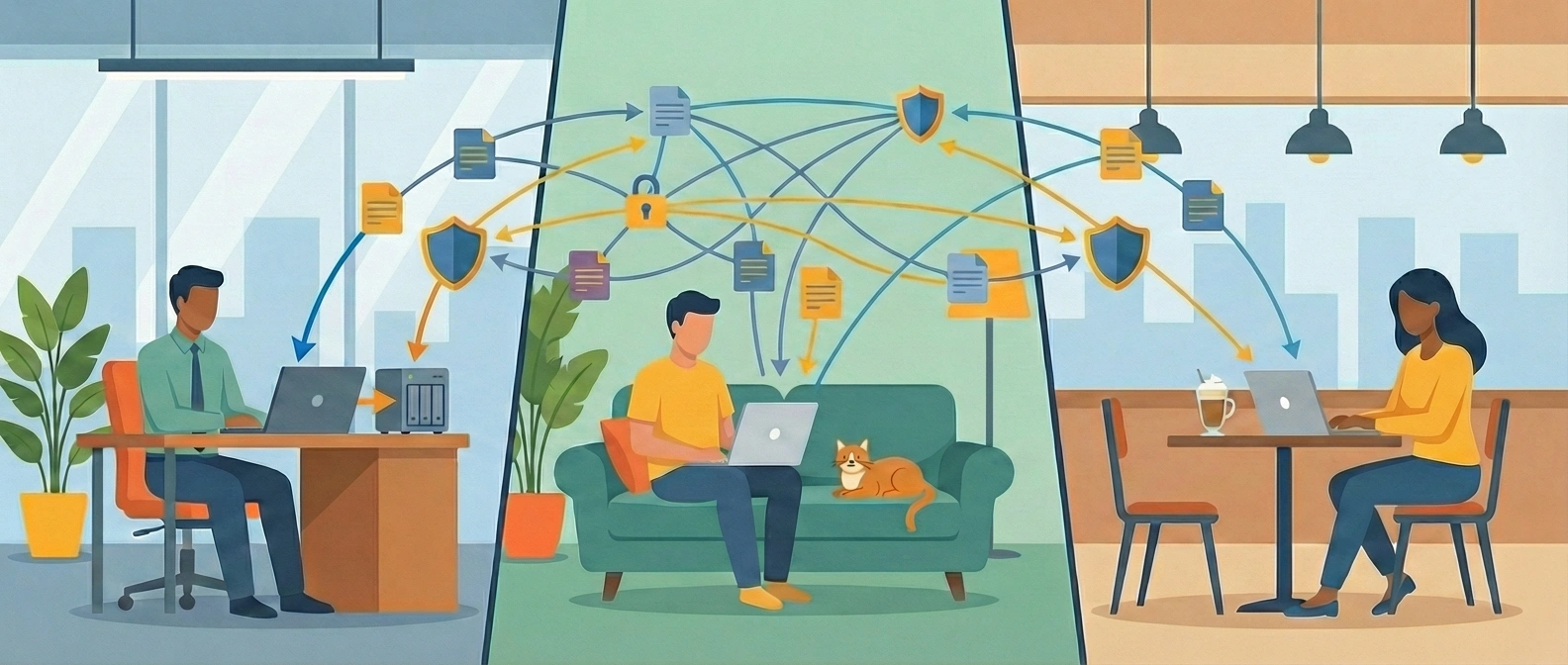 Small team working across multiple locations with shared network access